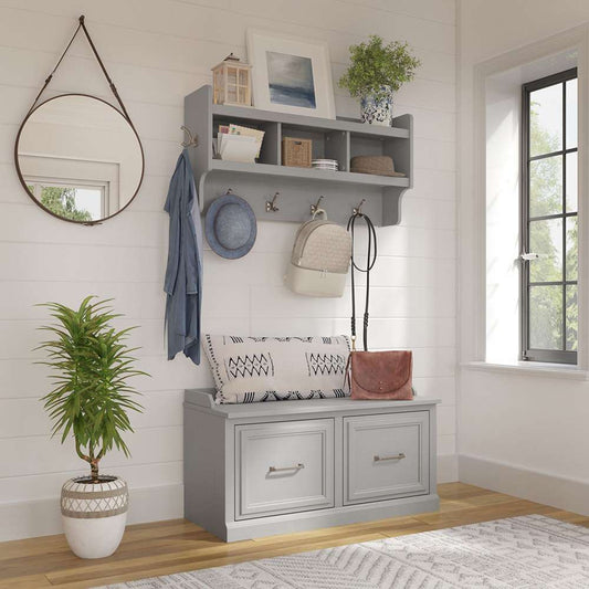 Bush Furniture - Woodland 40W Shoe Storage Bench with Doors and Wall Mounted Coat Rack in Cape Cod Gray - WDL003CG veiw 2