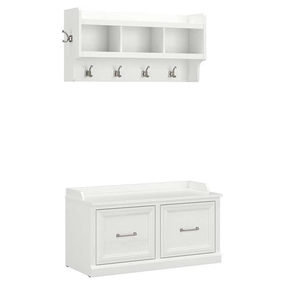 Bush Furniture - Woodland 40W Shoe Storage Bench with Doors and Wall Mounted Coat Rack in White Ash - WDL003WAS veiw 1
