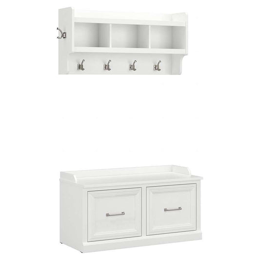 Bush Furniture - Woodland 40W Shoe Storage Bench with Doors and Wall Mounted Coat Rack in White Ash - WDL003WAS veiw 1
