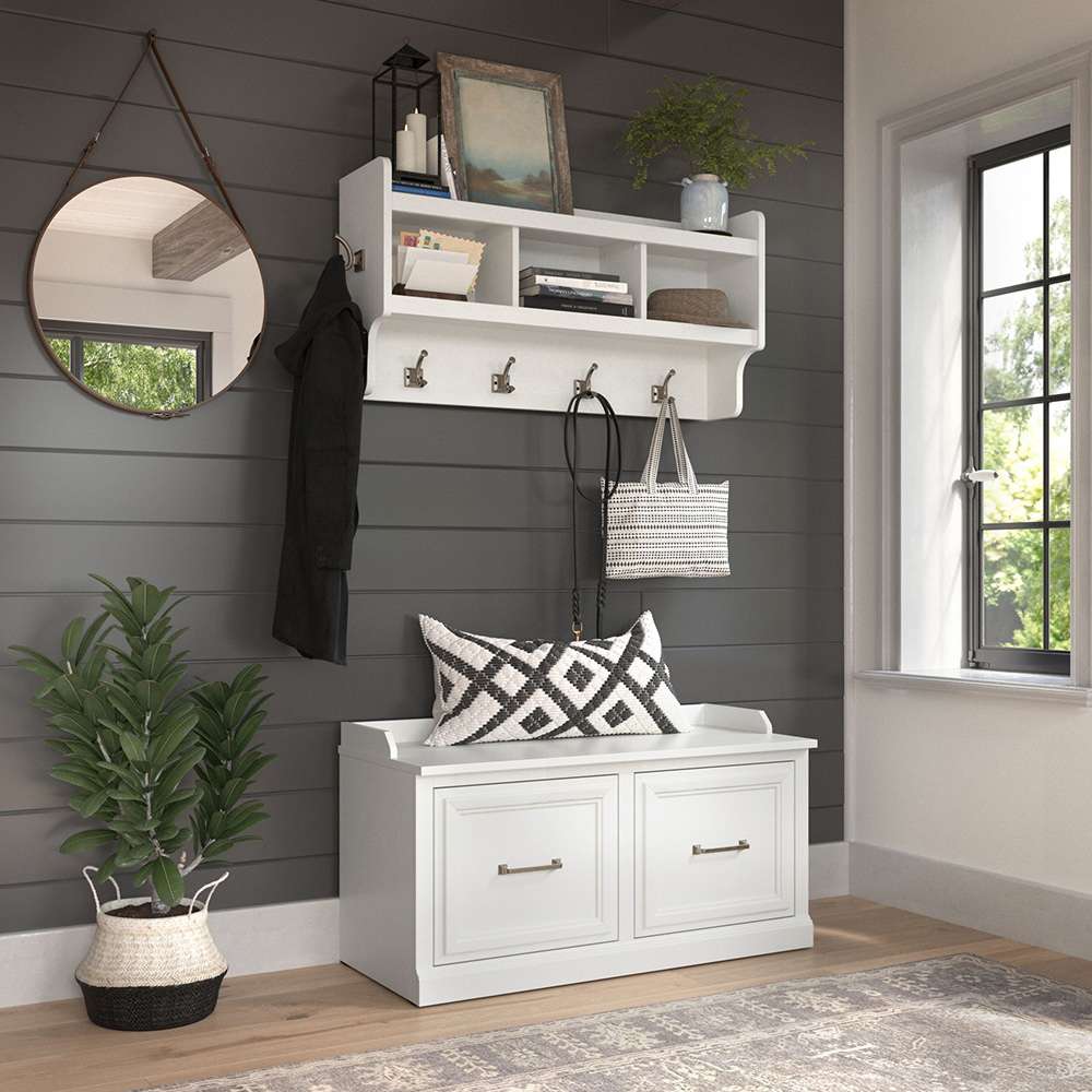Bush Furniture - Woodland 40W Shoe Storage Bench with Doors and Wall Mounted Coat Rack in White Ash - WDL003WAS veiw 2