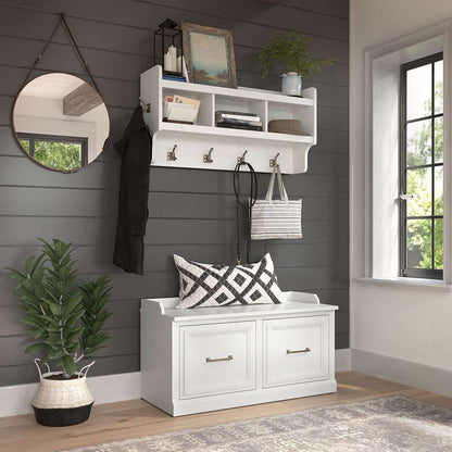 Bush Furniture - Woodland 40W Shoe Storage Bench with Doors and Wall Mounted Coat Rack in White Ash - WDL003WAS veiw 2