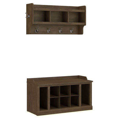 Bush Furniture - Woodland 40W Shoe Storage Bench with Shelves and Wall Mounted Coat Rack in Ash Brown - WDL004ABR veiw 1
