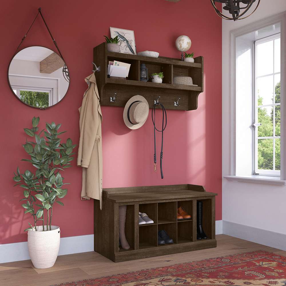 Bush Furniture - Woodland 40W Shoe Storage Bench with Shelves and Wall Mounted Coat Rack in Ash Brown - WDL004ABR veiw 2