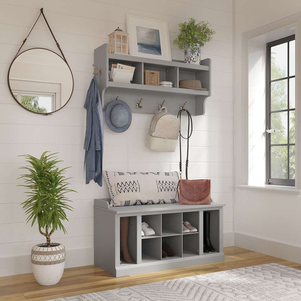 Bush Furniture - Woodland 40W Shoe Storage Bench with Shelves and Wall Mounted Coat Rack in Cape Cod Gray - WDL004CG veiw 2