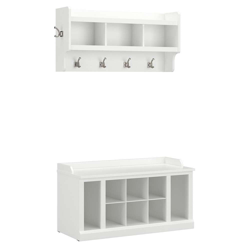 Bush Furniture - Woodland 40W Shoe Storage Bench with Shelves and Wall Mounted Coat Rack in White Ash - WDL004WAS veiw 1