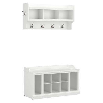 Bush Furniture - Woodland 40W Shoe Storage Bench with Shelves and Wall Mounted Coat Rack in White Ash - WDL004WAS veiw 1