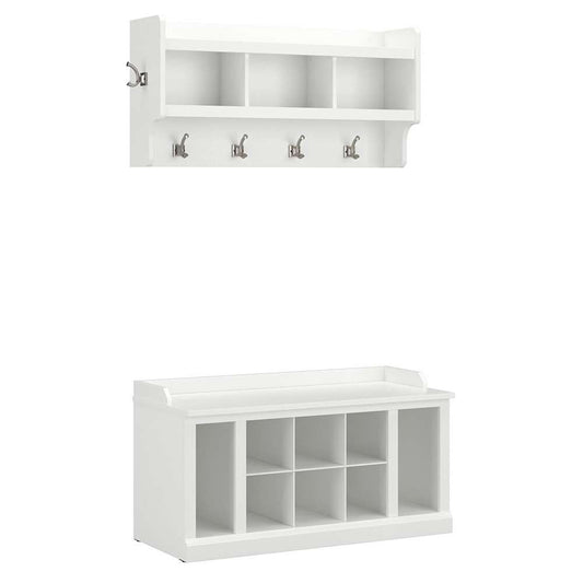 Bush Furniture - Woodland 40W Shoe Storage Bench with Shelves and Wall Mounted Coat Rack in White Ash - WDL004WAS veiw 1