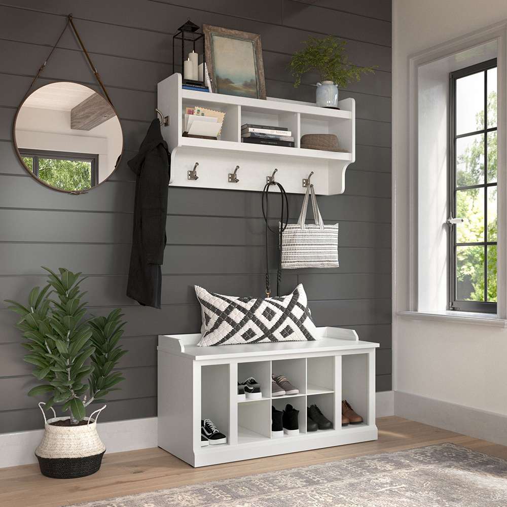 Bush Furniture - Woodland 40W Shoe Storage Bench with Shelves and Wall Mounted Coat Rack in White Ash - WDL004WAS veiw 2