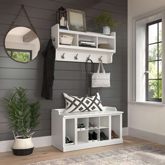 Bush Furniture - Woodland 40W Shoe Storage Bench with Shelves and Wall Mounted Coat Rack in White Ash - WDL004WAS veiw 2