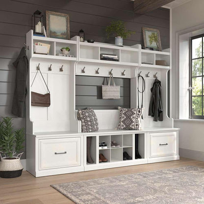Bush Furniture - Woodland 40W Shoe Storage Bench with Shelves and Wall Mounted Coat Rack in White Ash - WDL004WAS veiw 3