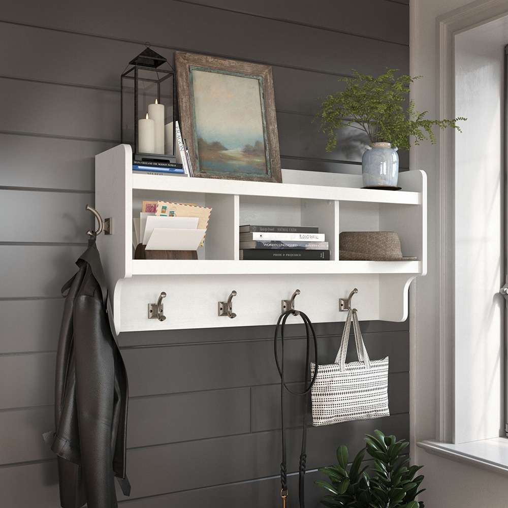 Bush Furniture - Woodland 40W Wall Mounted Coat Rack with Shelf in White Ash - WDH340WAS-03 veiw 3