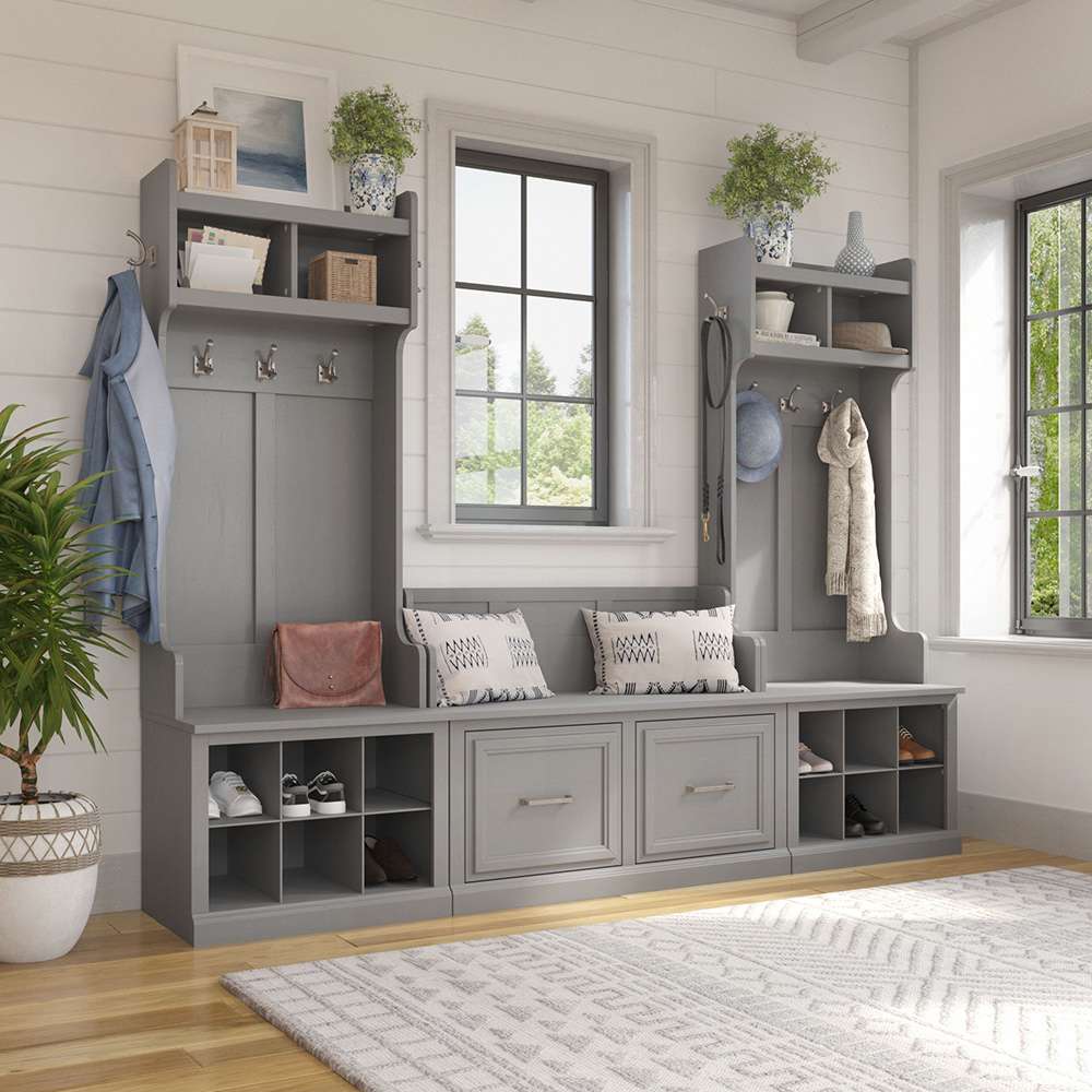 Bush Furniture - Woodland Entryway Storage Set with Hall Trees and Shoe Bench with Doors in Cape Cod Gray - WDL011CG veiw 2