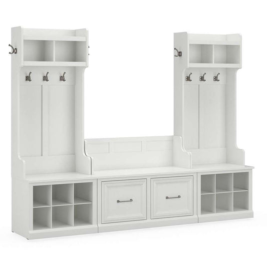 Bush Furniture - Woodland Entryway Storage Set with Hall Trees and Shoe Bench with Doors in White Ash - WDL011WAS veiw 1