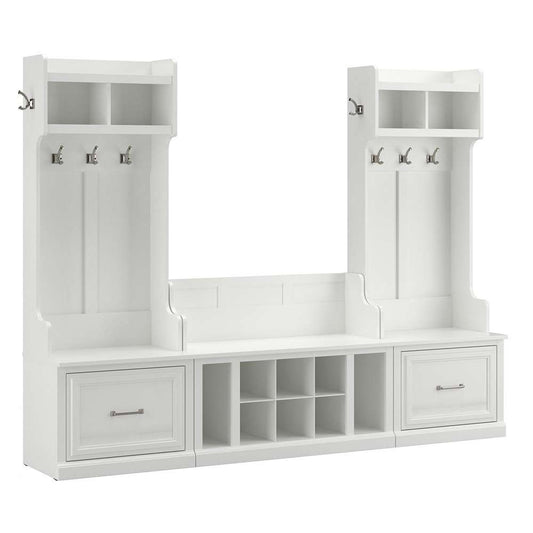 Bush Furniture - Woodland Entryway Storage Set with Hall Trees and Shoe Bench with Drawers in White Ash - WDL012WAS veiw 1
