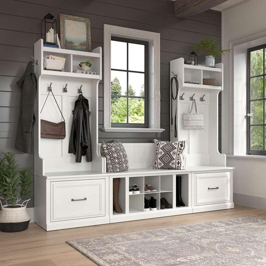 Bush Furniture - Woodland Entryway Storage Set with Hall Trees and Shoe Bench with Drawers in White Ash - WDL012WAS veiw 2