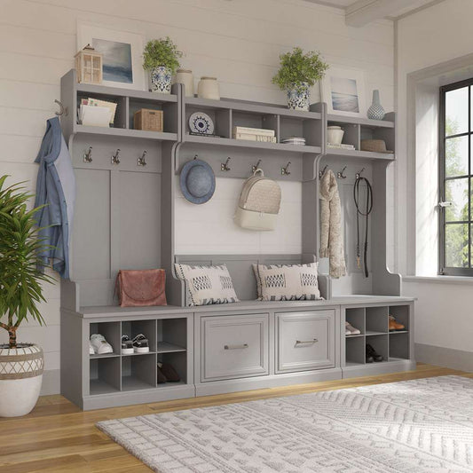 Bush Furniture - Woodland Full Entryway Storage Set with Coat Rack and Shoe Bench with Doors in Cape Cod Gray - WDL013CG veiw 2