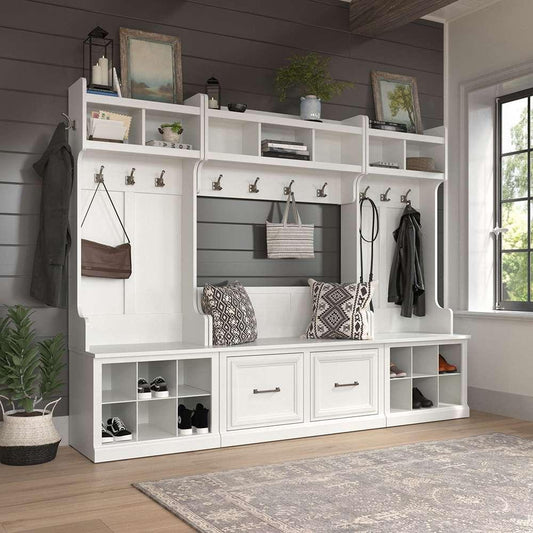 Bush Furniture - Woodland Full Entryway Storage Set with Coat Rack and Shoe Bench with Doors in White Ash - WDL013WAS veiw 2