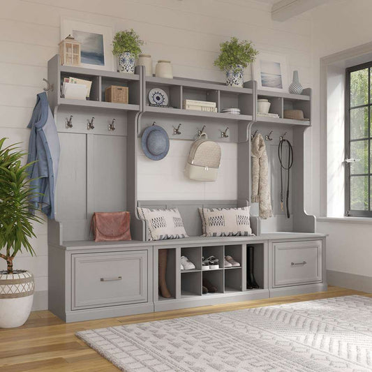 Bush Furniture - Woodland Full Entryway Storage Set with Coat Rack and Shoe Bench with Drawers in Cape Cod Gray - WDL014CG veiw 2
