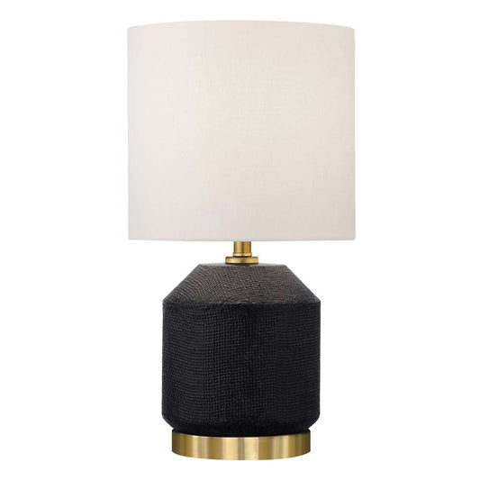 Hudson & Canal - Esther 15in Tall Textured Ceramic Mini Lamp with Fabric Shade in Matte Black/Antique Brass/White - ML1993 veiw 1