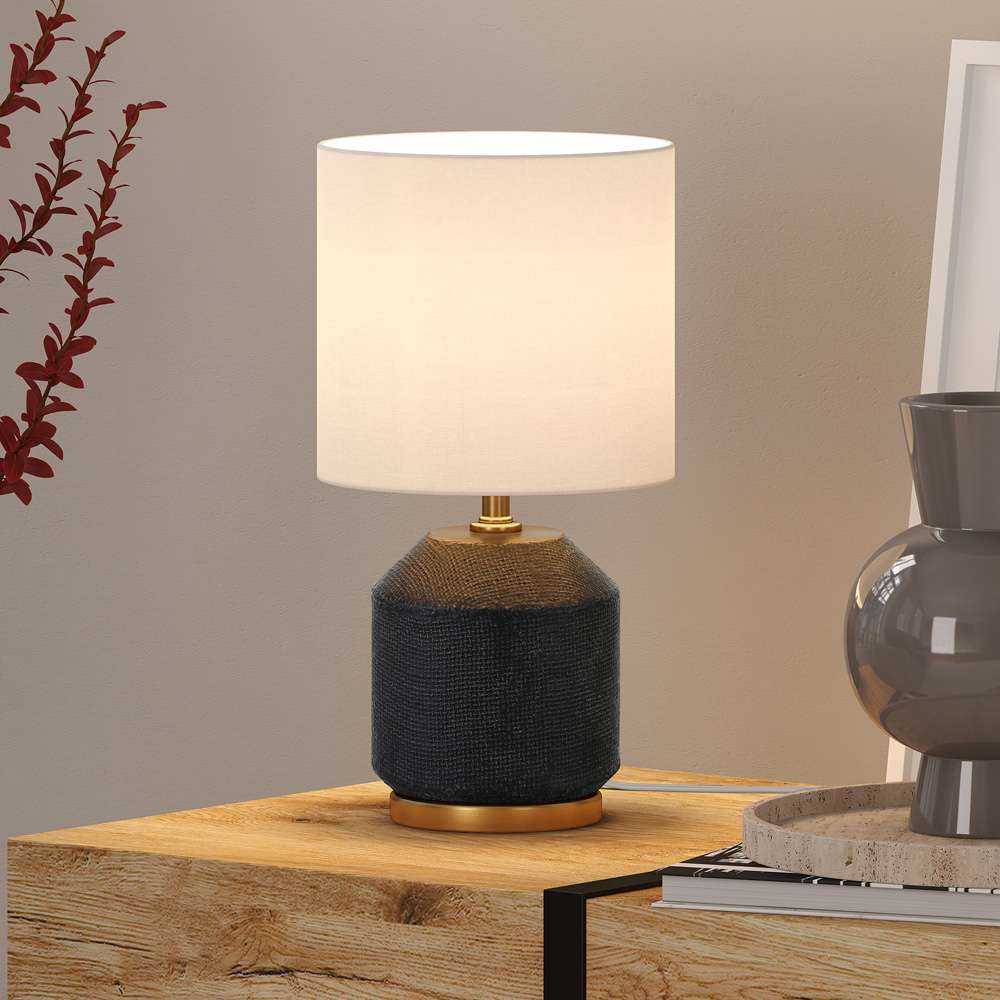 Hudson & Canal - Esther 15in Tall Textured Ceramic Mini Lamp with Fabric Shade in Matte Black/Antique Brass/White - ML1993 veiw 4