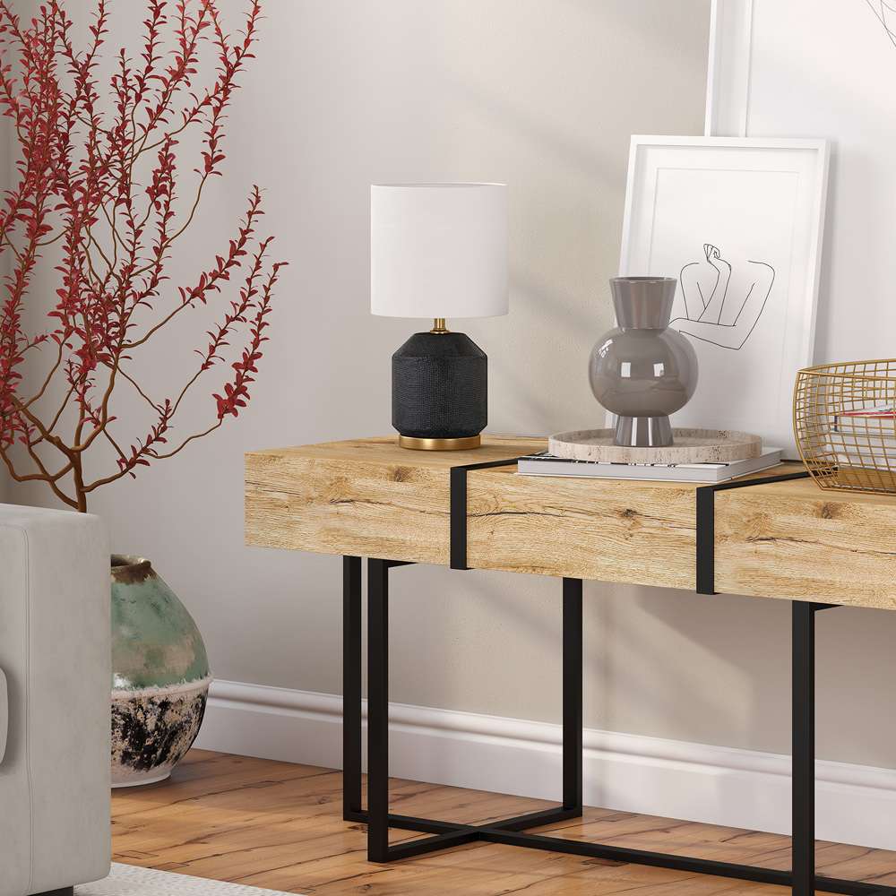 Hudson & Canal - Esther 15in Tall Textured Ceramic Mini Lamp with Fabric Shade in Matte Black/Antique Brass/White - ML1993 veiw 5