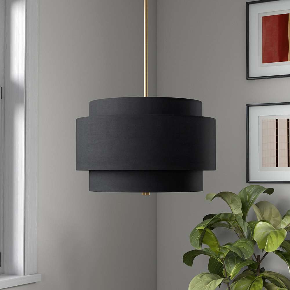 Hudson & Canal - Solomon 16in Wide 2-Light Pendant with Tiered Fabric Shade in Brass/Black - PD2156 veiw 5
