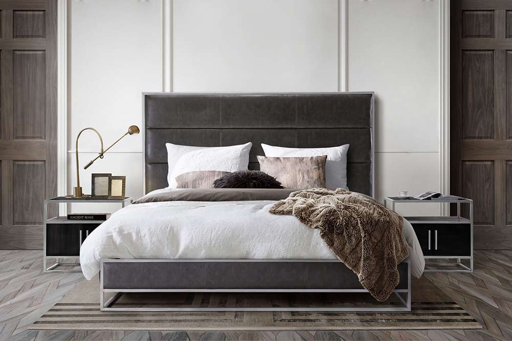 Diamond Sofa - Empire Eastern King Bed in Weathered Grey PU with Hand brushed Silver Metal Frame - EMPIREEKBEDGR veiw 7