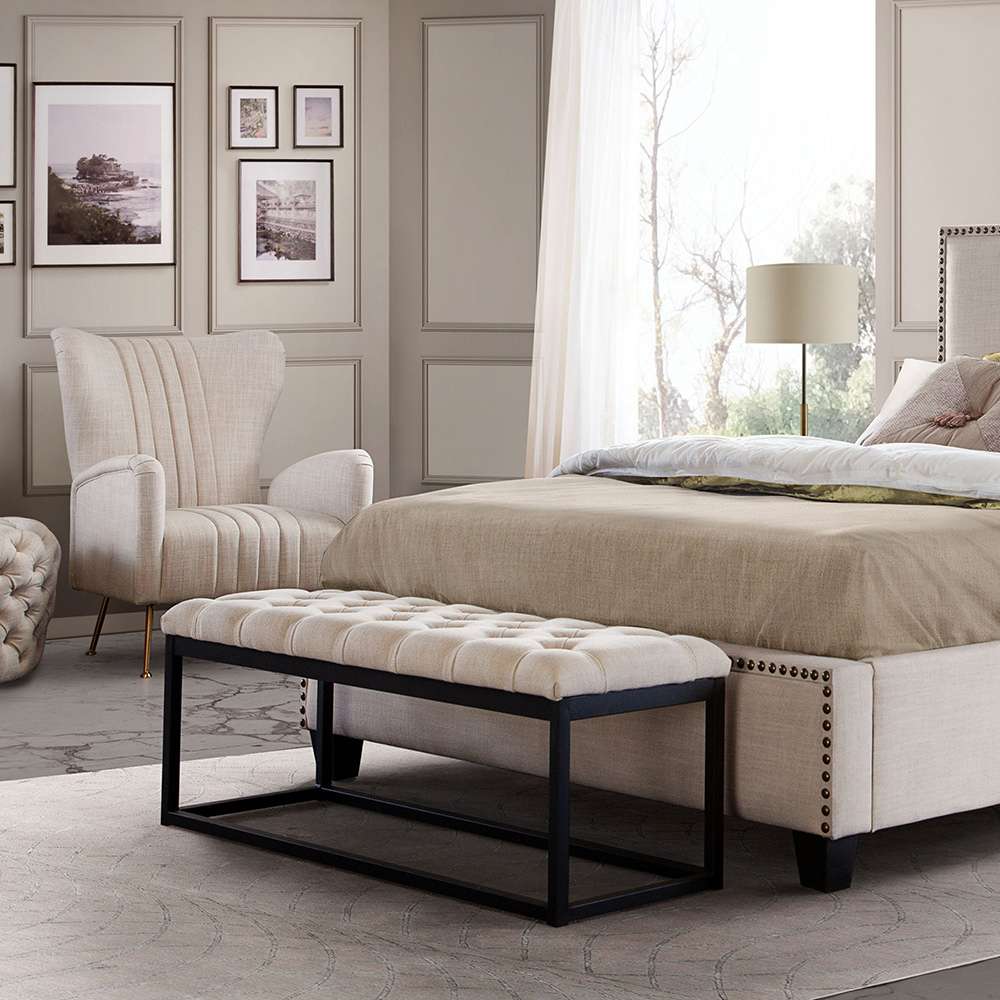 Diamond Sofa - Mateo Black Powder Coat Metal Small Linen Tufted Bench - Desert Sand Linen - MATEOBESSD veiw 7