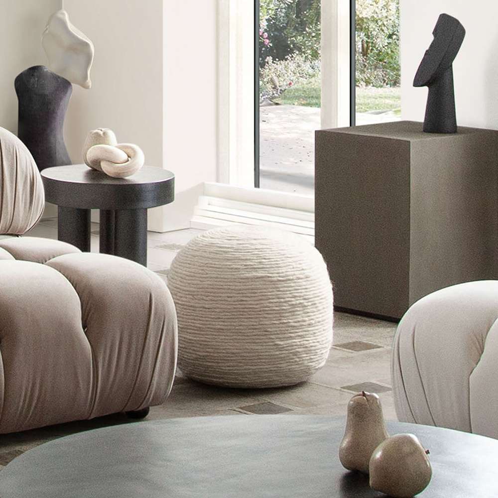 Diamond Sofa - Round Pouf in White Dyed Natural Wool - POUFRWL veiw 7