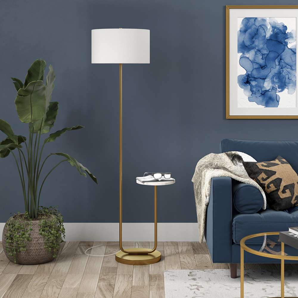 Hudson & Canal - Jacinta Floor Lamp with Marble Tray Table and Fabric Shade in Brass/White - FL2129 veiw 4
