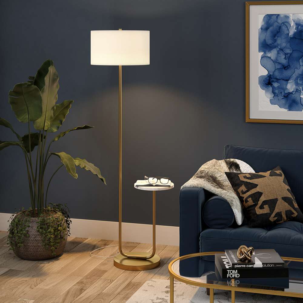 Hudson & Canal - Jacinta Floor Lamp with Marble Tray Table and Fabric Shade in Brass/White - FL2129 veiw 5