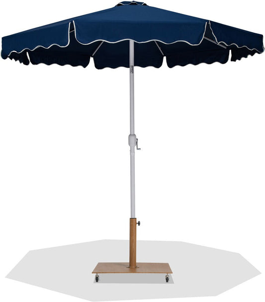 Meridian Furniture - Amalfi Navy Fabric With Cream Piping / Teak Aluminum Patio Umbrella with Base Sets - 55018Navy-AT veiw 1