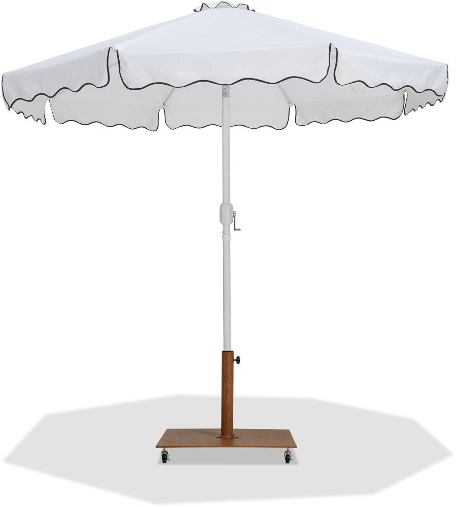 Meridian Furniture - Amalfi White Fabric With Black Piping / Teak Aluminum Patio Umbrella with Base Sets - 55018White-AT veiw 1