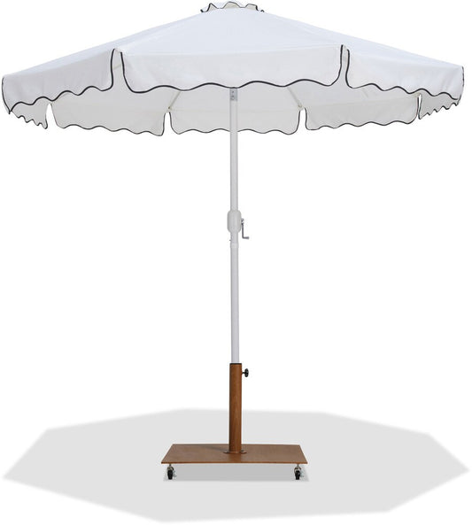 Meridian Furniture - Amalfi White Fabric With Black Piping / Teak Aluminum Patio Umbrella with Base Sets - 55018White-AT veiw 1