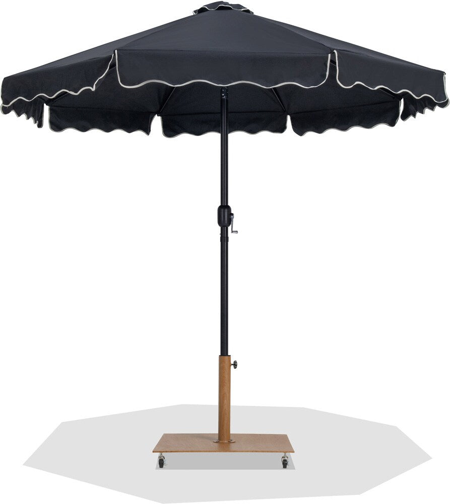 Meridian Furniture - Amalfi Black Fabric With Cream Piping / Teak Aluminum Patio Umbrella with Base Sets - 55019Black-AT veiw 1