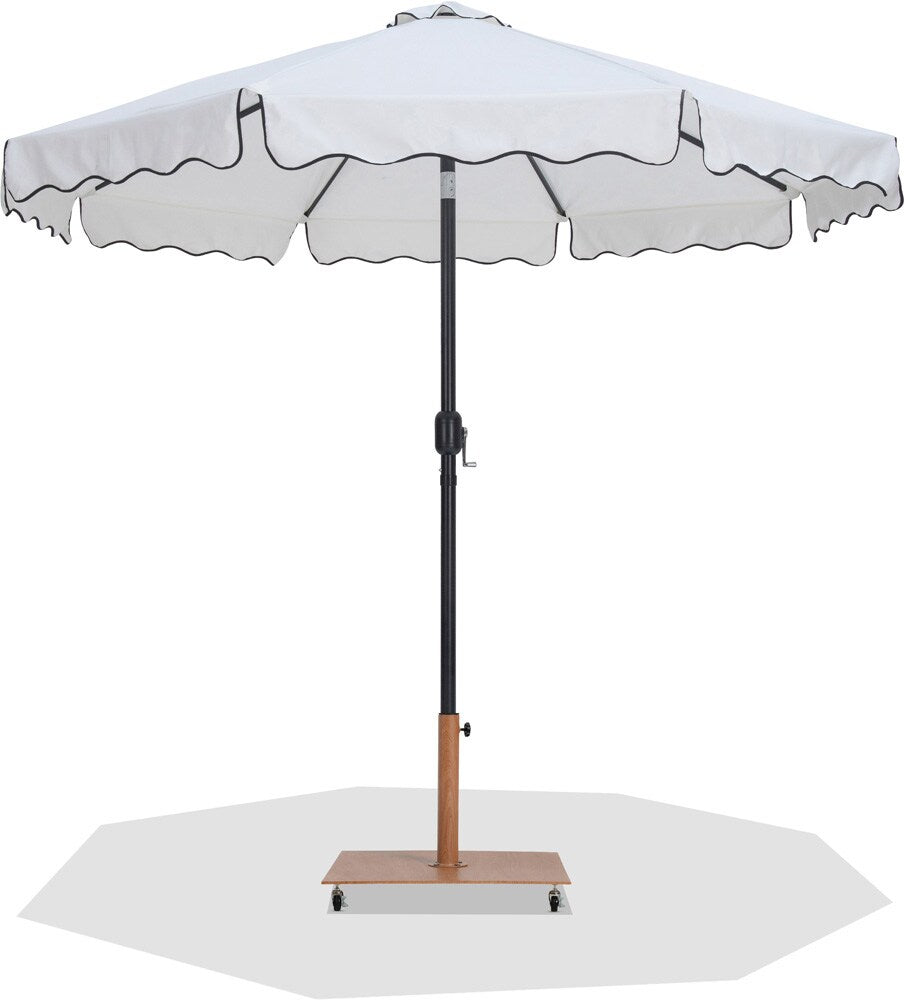 Meridian Furniture - Amalfi White Fabric With Black Piping / Teak Aluminum Patio Umbrella with Base Sets - 55019White-AT veiw 1
