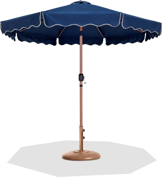 Meridian Furniture - Amalfi Navy Fabric With Cream Piping / Teak Aluminum Patio Umbrella with Base Sets - 55017Navy-BT veiw 1