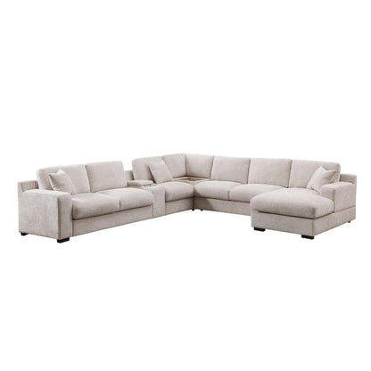 Lilola Home - Celine 141.5inW Beige Chenille Fabric Corner Sectional Sofa with Right-Facing Chaise, Cupholders, and Charging Ports-89298 veiw 1