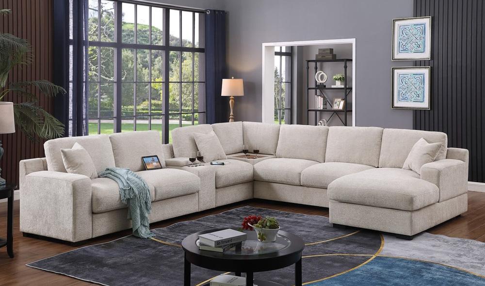 Lilola Home - Celine 141.5inW Beige Chenille Fabric Corner Sectional Sofa with Right-Facing Chaise, Cupholders, and Charging Ports-89298 veiw 2