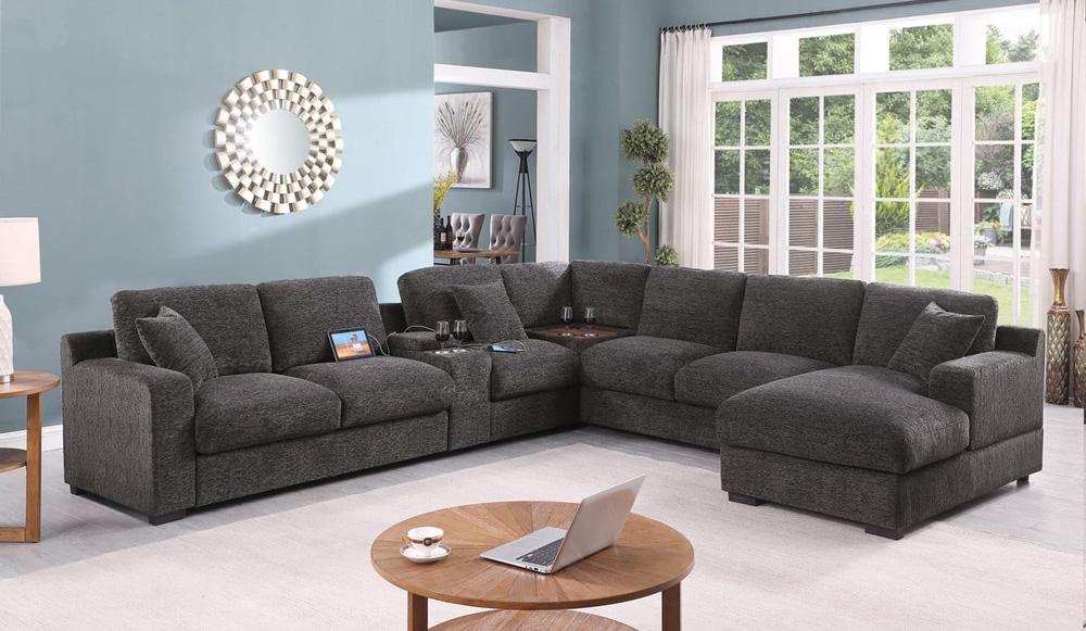 Lilola Home - Celine 141.5inW Gray Chenille Fabric Corner Sectional Sofa with Right-Facing Chaise, Cupholders, and Charging Ports-89296 veiw 3
