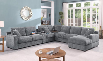 Lilola Home - Celine 141.5inW Light Gray Chenille Fabric Corner Sectional Sofa with Right-Facing Chaise, Cupholders, and Charging Ports-89297 veiw 2
