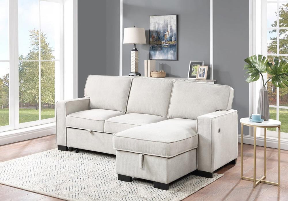 Lilola Home - Estelle 86.5inW Beige Fabric Reversible Sleeper Sectional with Storage Chaise Drop-Down Table 2 Cup Holders and 2USB Ports-81353BE veiw 6
