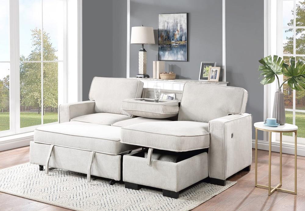 Lilola Home - Estelle 86.5inW Beige Fabric Reversible Sleeper Sectional with Storage Chaise Drop-Down Table 2 Cup Holders and 2USB Ports-81353BE veiw 7