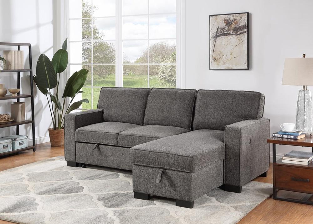Lilola Home - Estelle 86.5inW Dark Gray Fabric Reversible Sleeper Sectional with Storage Chaise Drop-Down Table 2 Cup Holders and 2 USB Ports-81353 veiw 6