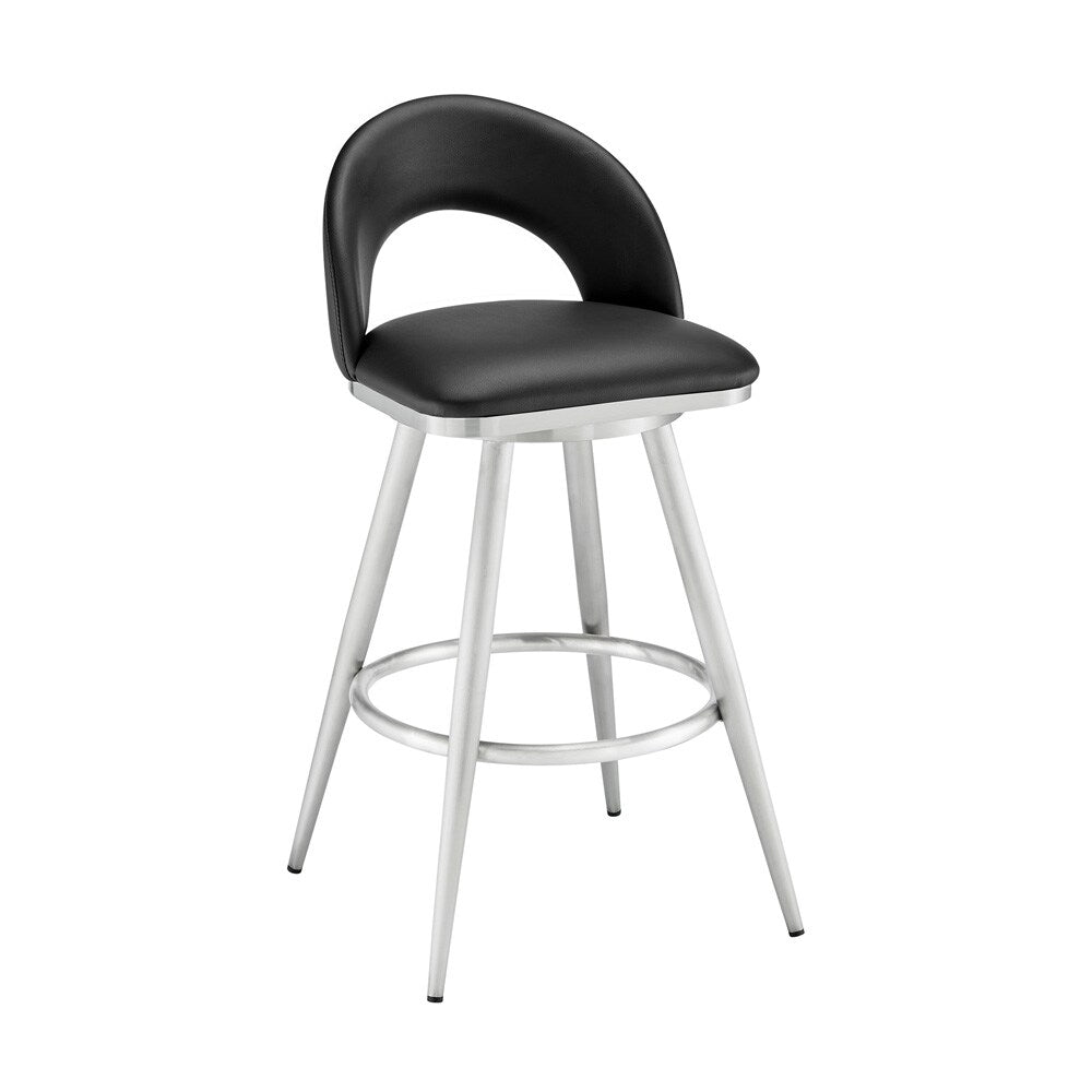 Armen Living - Charlotte 26in Swivel Counter Stool in Brushed Stainless Steel and Black Faux Leather - LCCHBABSBLK26 veiw 1