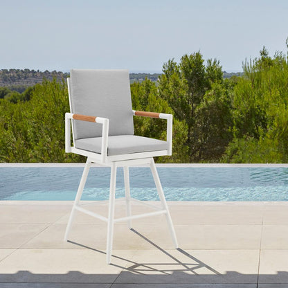 Armen Living - Crown Outdoor Patio Swivel Bar Stool in Aluminum with Brown Rope and Light Gray Cushions - LCCRSWBAWH30 veiw 7