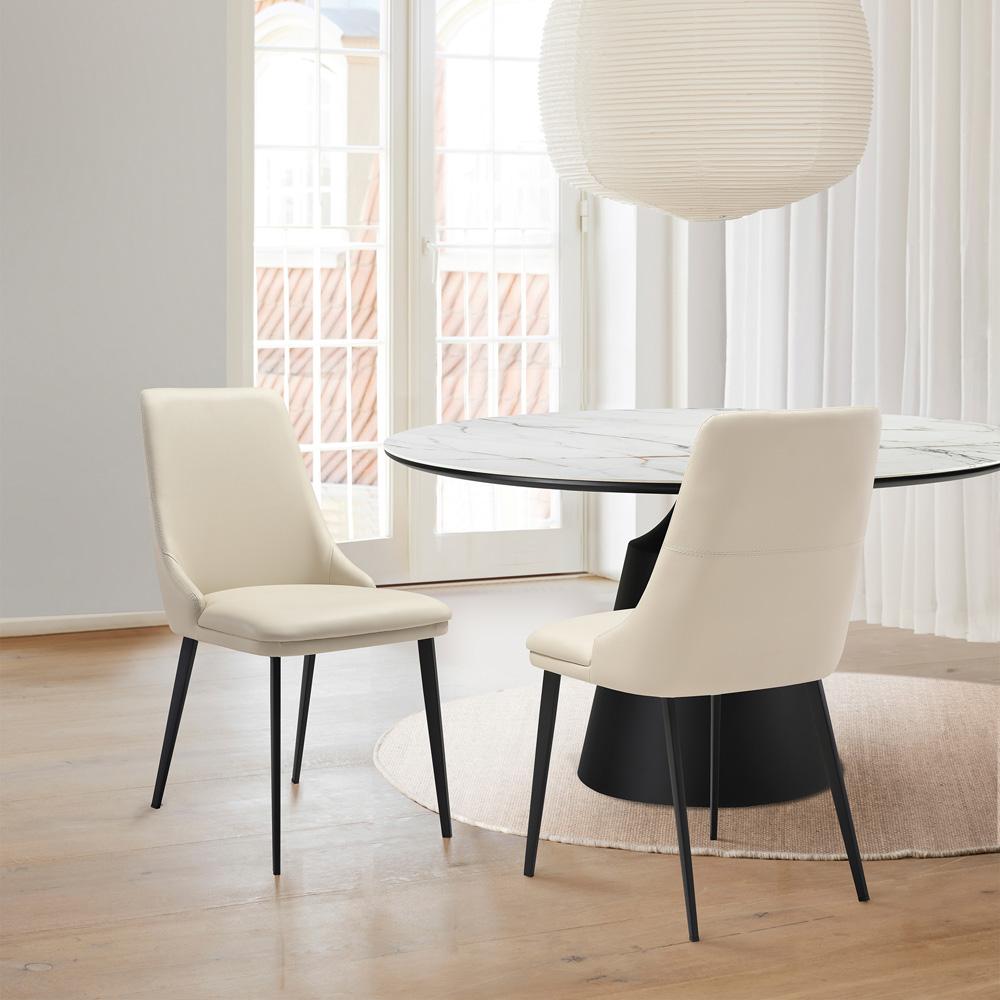 Armen Living Genesis Upholstered Dining Chair in Beige Faux Leather with Black Metal Legs - Thumbnail 5
