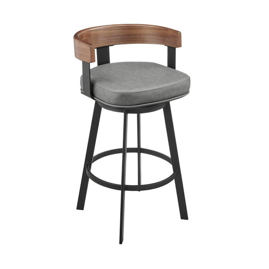 Armen Living - Idris 26in Swivel Counter Stool in Black Iron with Walnut Finish and Vintage Gray Faux Leather - LCIDBAGRYWA26 veiw 1