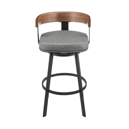 Armen Living - Idris 26in Swivel Counter Stool in Black Iron with Walnut Finish and Vintage Gray Faux Leather - LCIDBAGRYWA26 veiw 2