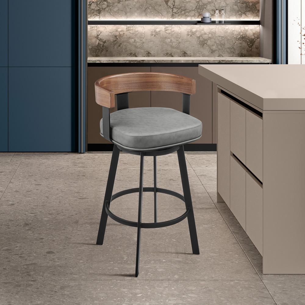 Armen Living - Idris 26in Swivel Counter Stool in Black Iron with Walnut Finish and Vintage Gray Faux Leather - LCIDBAGRYWA26 veiw 7